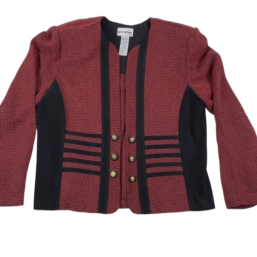 Perceptions Women Jacket Size 12 Red Black Waffle Knit Button Shoulder Pads VTG